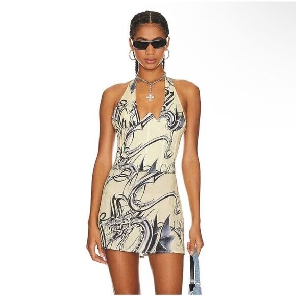 Miaou JackieTattoo Print Corset Mini Dress Halter Sz M NWT Revolve $325